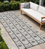 8' Cream And Black Geometric Indoor Outdoor Runner Rug
