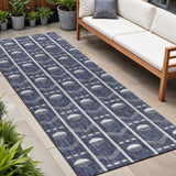 8' Navy Blue And Cream Geometric Indoor Outdoor Runner Rug