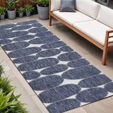 8' Navy Blue And Cream Geometric Indoor Outdoor Runner Rug