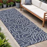 8' Navy Blue And Cream Abstract Indoor Outdoor Runner Rug