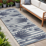 8' Navy Blue And Cream Floral Indoor Outdoor Runner Rug