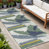 8' Green And Cream Abstract Indoor Outdoor Runner Rug
