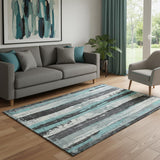 5' X 8' Teal And Gray Striped Washable Area Rug With UV Protection