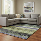 8' X 10' Artichoke Green And Purple Striped Washable Area Rug With UV Protection