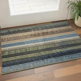 3' X 5' Blue Brown And Green Striped Washable Area Rug With UV Protection