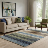 5' X 8' Blue Brown And Green Striped Washable Area Rug With UV Protection