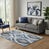 5' X 8' Blue Charcoal And Ivory Southwestern Washable Area Rug With UV Protection