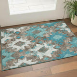 3' X 5' Teal Taupe And Ivory Southwestern Washable Area Rug With UV Protection