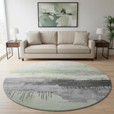8' Mint Green Ivory And Gray Abstract Washable Round Rug With UV Protection