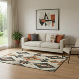 5' X 8' Ivory Orange And Charcoal Southwestern Washable Area Rug With UV Protection