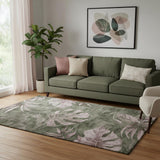 5' X 8' Olive Green And Blush Floral Washable Area Rug With UV Protection