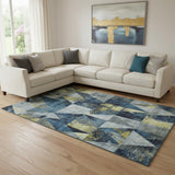 8' X 10' Navy Blue And Gold Geometric Washable Area Rug With UV Protection