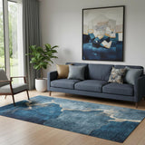 5' X 8' Navy Blue And Beige Abstract Washable Area Rug With UV Protection