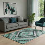5' X 8' Pale Aqua Charcoal And Gray Diamond Washable Area Rug With UV Protection