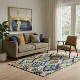 5' X 8' Navy Blue Gold And Beige Ikat Washable Area Rug With UV Protection