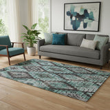 5' X 8' Teal Charcoal And Ivory Ikat Washable Area Rug With UV Protection
