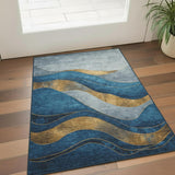 3' X 5' Blue And Gold Abstract Washable Area Rug With UV Protection