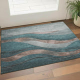 3' X 5' Teal And Taupe Abstract Washable Area Rug With UV Protection