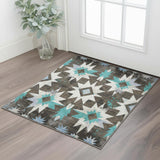 3' X 5' Brown Blue And Ivory Diamond Washable Area Rug With UV Protection