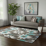 5' X 8' Brown Blue And Ivory Diamond Washable Area Rug With UV Protection