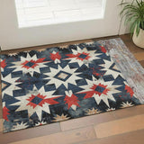 3' X 5' Navy Blue Red And Ivory Diamond Washable Area Rug With UV Protection