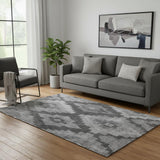 5' X 8' Gray And Silver Ikat Washable Area Rug With UV Protection