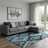 8' X 10' Teal And Charcoal Ikat Washable Area Rug With UV Protection