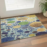 3' X 5' Navy Blue Yellow And Green Geometric Washable Area Rug With UV Protection