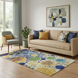 5' X 8' Navy Blue Yellow And Green Geometric Washable Area Rug With UV Protection