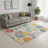8' Beige Teal And Orange Geometric Washable Round Rug With UV Protection