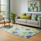 5' X 8' Navy Blue Green And Ivory Geometric Washable Area Rug With UV Protection