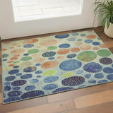 3' X 5' Navy Blue Green And Peach Geometric Washable Area Rug With UV Protection