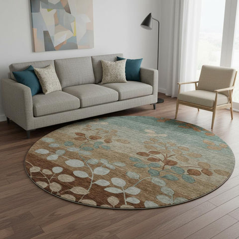 8' Coffee And Gray Floral Washable Round Rug With UV Protection