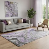 5' X 8' Lavender Gray And Ivory Abstract Washable Area Rug With UV Protection