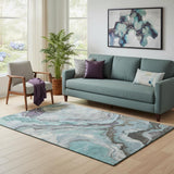 5' X 8' Teal Gray And Ivory Abstract Washable Area Rug With UV Protection