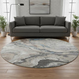 8' Taupe Blue And Ivory Abstract Washable Round Rug With UV Protection