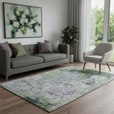 5' X 8' Fern Green Gray And Ivory Abstract Washable Area Rug With UV Protection
