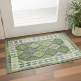 3' X 5' Olive Green And Ivory Tribal Washable Area Rug With UV Protection