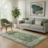 5' X 8' Olive Green And Ivory Tribal Washable Area Rug With UV Protection
