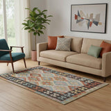 5' X 8' Rust Blue And Beige Tribal Washable Area Rug With UV Protection