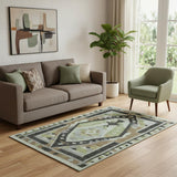 5' X 8' Brown Green And Charcoal Tribal Washable Area Rug With UV Protection