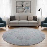 8' Gray And Teal Medallion Washable Round Rug With UV Protection