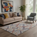 5' X 8' Blue Copper And Beige Ikat Washable Area Rug With UV Protection