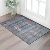 3' X 5' Blue And Rust Floral Washable Area Rug With UV Protection