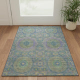 3' X 5' Blue Purple And Green Medallion Washable Area Rug With UV Protection