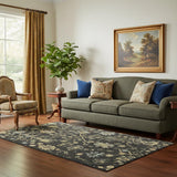 5' X 8' Black Gold And Blue Floral Washable Area Rug With UV Protection