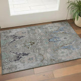 3' X 5' Pewter Blue And Gray Floral Washable Area Rug With UV Protection