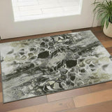 3' X 5' Pewter Black And Silver Abstract Washable Area Rug With UV Protection
