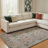 8' X 10' Rust Gray And Silver Floral Washable Area Rug With UV Protection