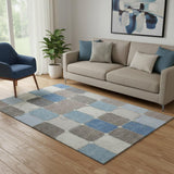 5' X 8' Blue Ivory And Taupe Geometric Washable Area Rug With UV Protection